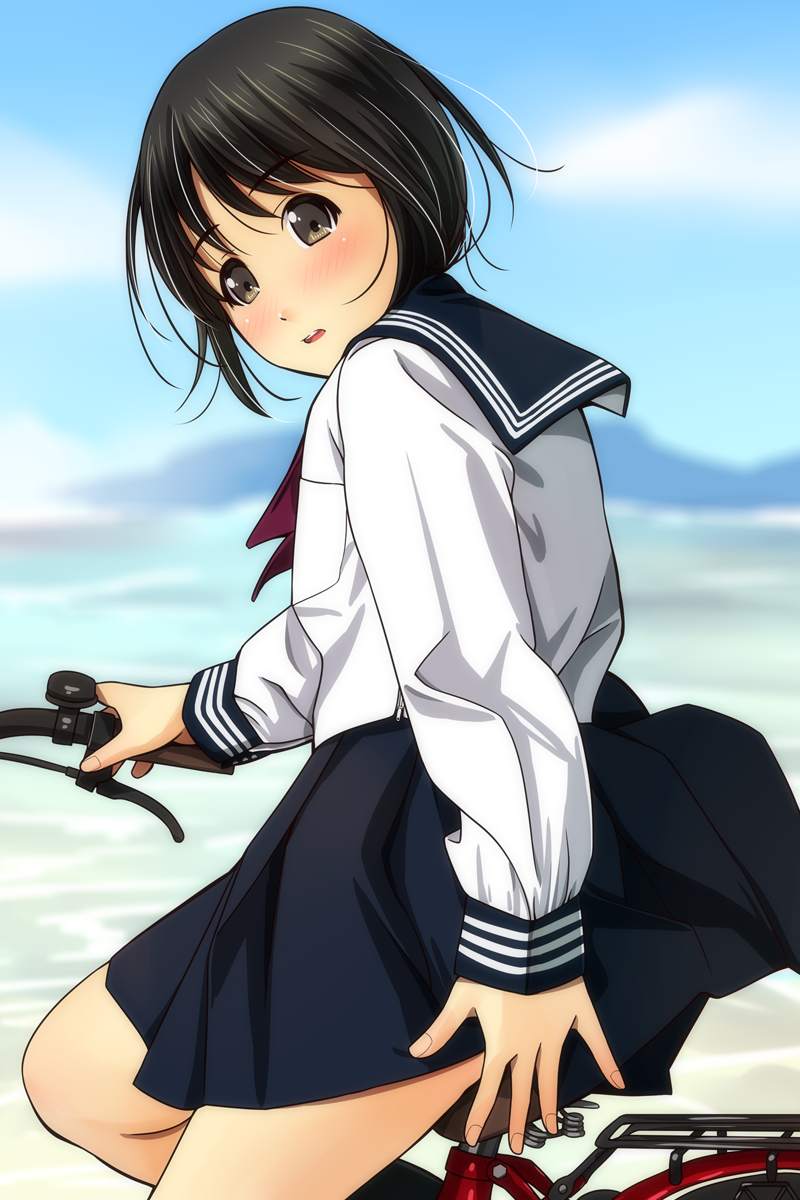 1girl bangs bicycle black_hair black_sailor_collar black_skirt blue_sky blurry blurry_background blush brown_eyes clouds commentary day depth_of_field eyebrows_visible_through_hair fingernails ground_vehicle hair_between_eyes head_tilt highres long_sleeves looking_at_viewer looking_to_the_side matsunaga_kouyou original outdoors parted_lips pleated_skirt red_neckwear sailor_collar school_uniform serafuku shirt skirt sky sleeves_past_wrists solo upper_teeth white_shirt