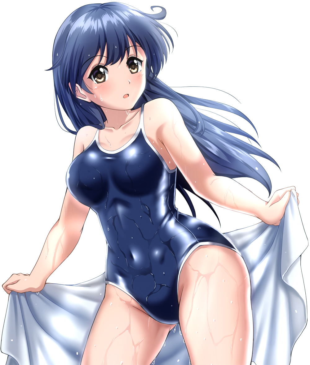 1girl ahoge bangs black_hair blue_swimsuit blush breasts brown_eyes collarbone competition_school_swimsuit covered_navel cowboy_shot dutch_angle eyebrows_visible_through_hair hair_between_eyes kantai_collection large_breasts long_hair looking_at_viewer one-piece_swimsuit school_swimsuit shiny shiny_clothes simple_background solo standing swimsuit towel ushio_(kantai_collection) wet wet_clothes wet_swimsuit white_background white_towel zanntetu