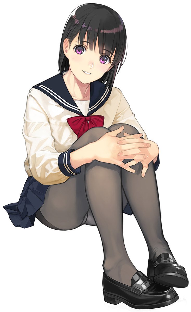 1girl bangs black_hair black_legwear blue_skirt blush commentary_request crotch_seam eyebrows_visible_through_hair hands_on_own_knees highres interlocked_fingers loafers long_sleeves looking_at_viewer mibu_natsuki neckerchief open_mouth original own_hands_together panties panties_under_pantyhose pantyhose pleated_skirt red_neckwear school_uniform serafuku shirt shoes short_hair simple_background sitting skirt smile solo thighband_pantyhose underwear violet_eyes white_background white_panties white_shirt