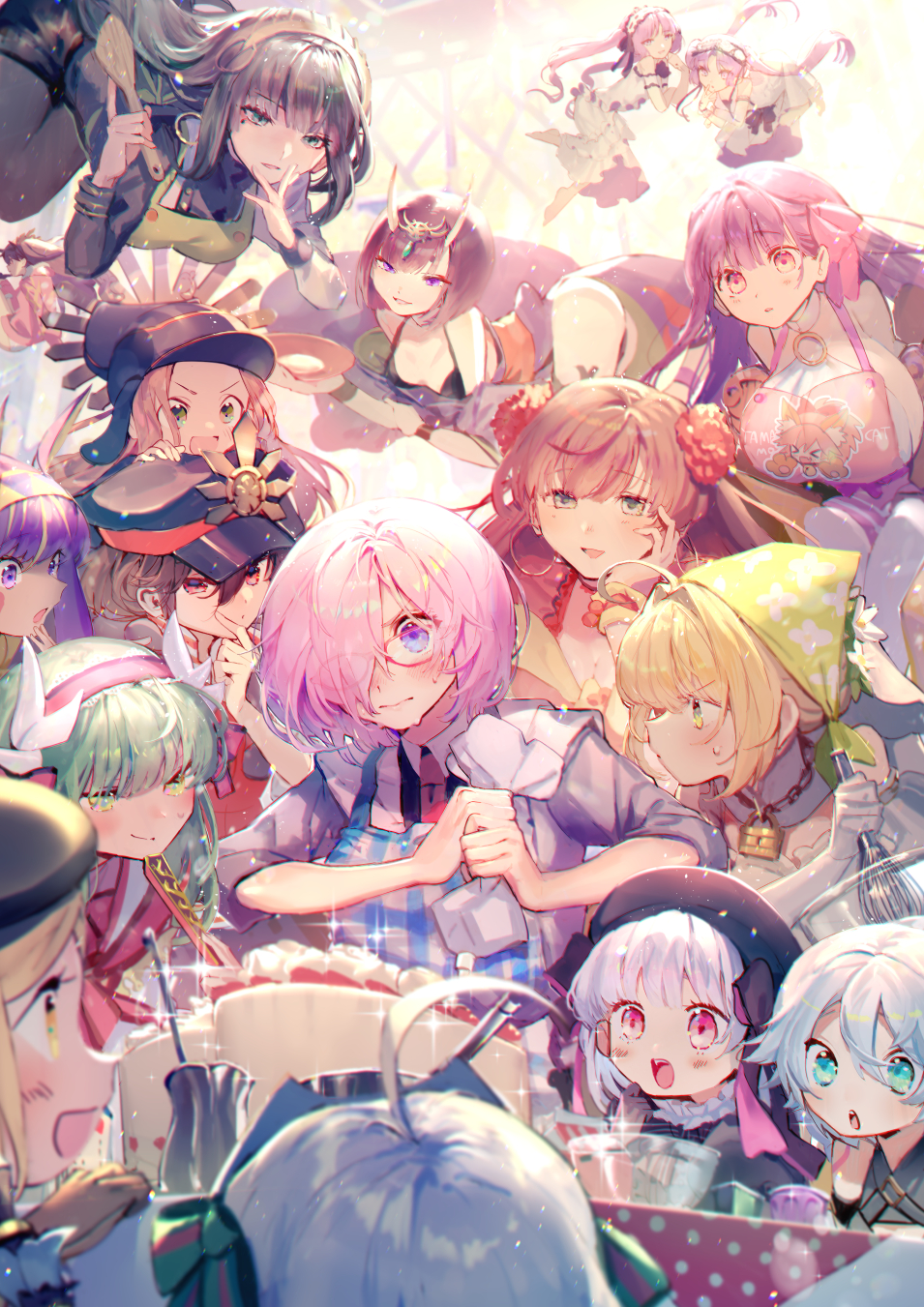 6+girls :d :o abigail_williams_(fate/grand_order) ahoge alcohol animal_ear_fluff animal_ears apron bangs bell black_dress black_hair black_hat blonde_hair blush bob_cut bowl breasts brown_hair cake character_request closed_mouth dragon_horns dress earrings eyebrows_visible_through_hair family_crest fan fangs fate/grand_order fate_(series) flying folding_fan food fox_ears fox_girl glass_bowl glasses green_eyes green_hair hair_over_one_eye hairband hat highres holding holding_fan horns icing jacket japanese_clothes jewelry jingle_bell kimono kiyohime_(fate/grand_order) lavender_hair lock long_hair long_sleeves mash_kyrielight mebaru midair military_hat multicolored_hair multiple_girls necktie nero_claudius_(bride)_(fate) nero_claudius_(fate)_(all) oda_nobunaga_(fate) oda_uri oni_horns open_clothes open_kimono open_mouth padlock passion_lip peaked_cap pink_hairband plaid plaid_apron polka_dot profile purple_hair purple_kimono red_eyes revealing_clothes sake short_hair shuten_douji_(fate/grand_order) silver_hair smile spatula streaked_hair tamamo_(fate)_(all) tamamo_cat_(fate) very_long_hair violet_eyes whisk white_dress white_sleeves witch_hat