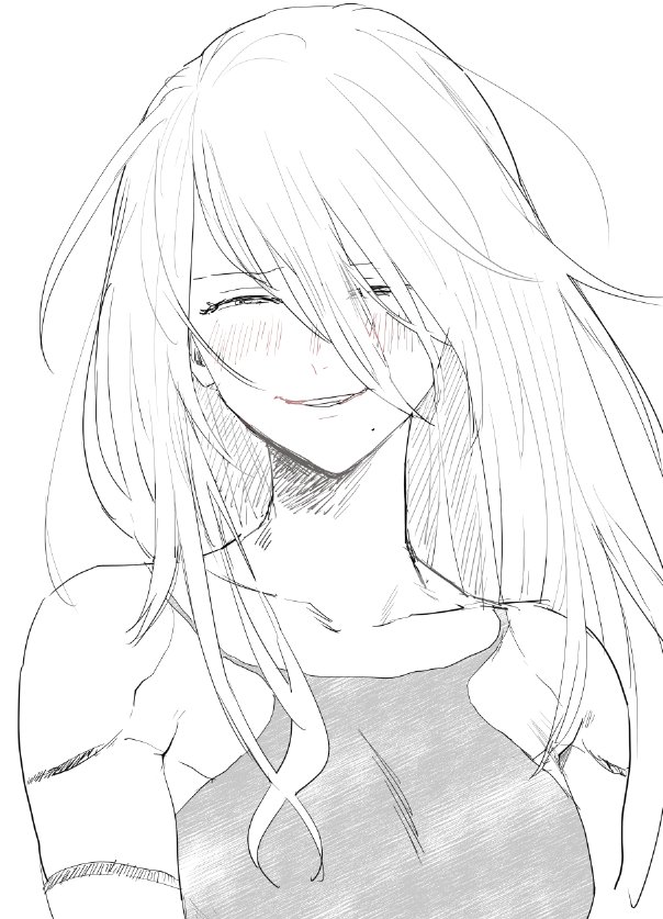 1girl arms_at_sides bangs blush closed_eyes commentary_request greyscale grin hair_between_eyes long_bangs long_hair mellow_rag mole mole_under_mouth monochrome nier_(series) nier_automata simple_background smile solo upper_body yorha_type_a_no._2