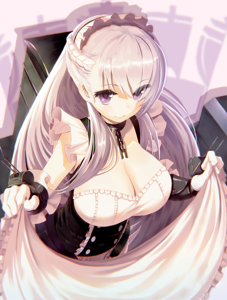 azur_lane belfast_(azur_lane) braid breasts chains cleavage commentary eyebrows_visible_through_hair french_braid from_above gloves izumo_(user_cmcy2878) large_breasts long_hair looking_at_viewer maid_headdress silver_hair skirt_hold smile violet_eyes white_gloves