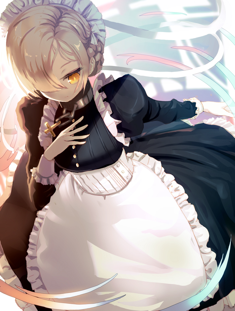 1girl apron azur_lane blonde_hair chains commentary_request cross dutch_angle from_above hair_over_one_eye inverted_cross izumo_(user_cmcy2878) long_sleeves looking_away maid_headdress sheffield_(azur_lane) solo yellow_eyes