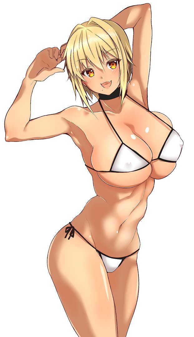 1girl armpits arms_behind_head bikini blonde_hair breasts brown_eyes choker cleavage commentary_request cowboy_shot erect_nipples hair_intakes kokechan large_breasts looking_at_viewer micro_bikini navel open_mouth original short_hair smile solo swimsuit white_background