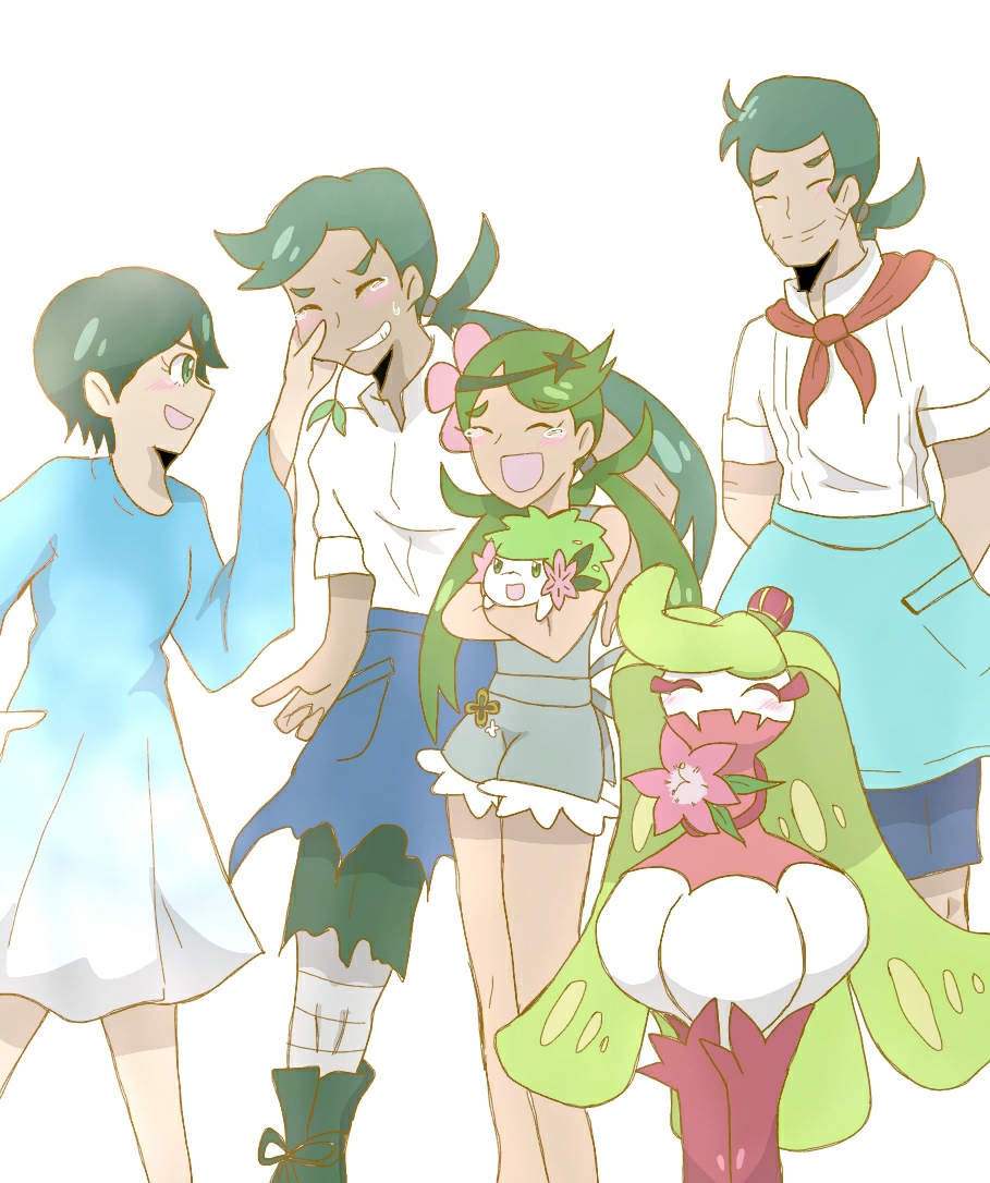 2boys 2girls brother_and_sister creatures_(company) dark_skin dark_skinned_male family father_and_daughter father_and_son flower game_freak gen_4_pokemon gen_7_pokemon green_eyes green_hair hair_flower hair_ornament haruka_(hijio-sun) husband_and_wife long_hair mao's_father_(pokemon) mao's_mother_(pokemon) mallow_(pokemon) mother_and_daughter mother_and_son multiple_boys multiple_girls nintendo pokemon pokemon_(anime) pokemon_(game) pokemon_sm pokemon_sm_(anime) shaymin siblings tsareena ulu_(pokemon)