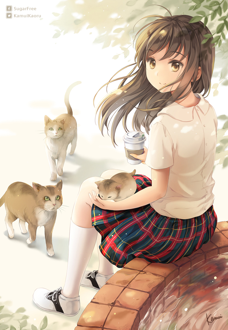 1girl animal artist_name bare_arms blue_skirt brown_eyes brown_hair buttons cat closed_mouth collared_shirt commentary_request cup disposable_cup floating_hair holding holding_cup kamui_(kamuikaoru) kneehighs leaf long_hair looking_at_viewer looking_back moe2019 original outdoors plaid plaid_skirt pleated_skirt ripples shirt shoes short_sleeves sidelocks sitting skirt smile sneakers solo twitter_username water white_footwear white_legwear white_shirt