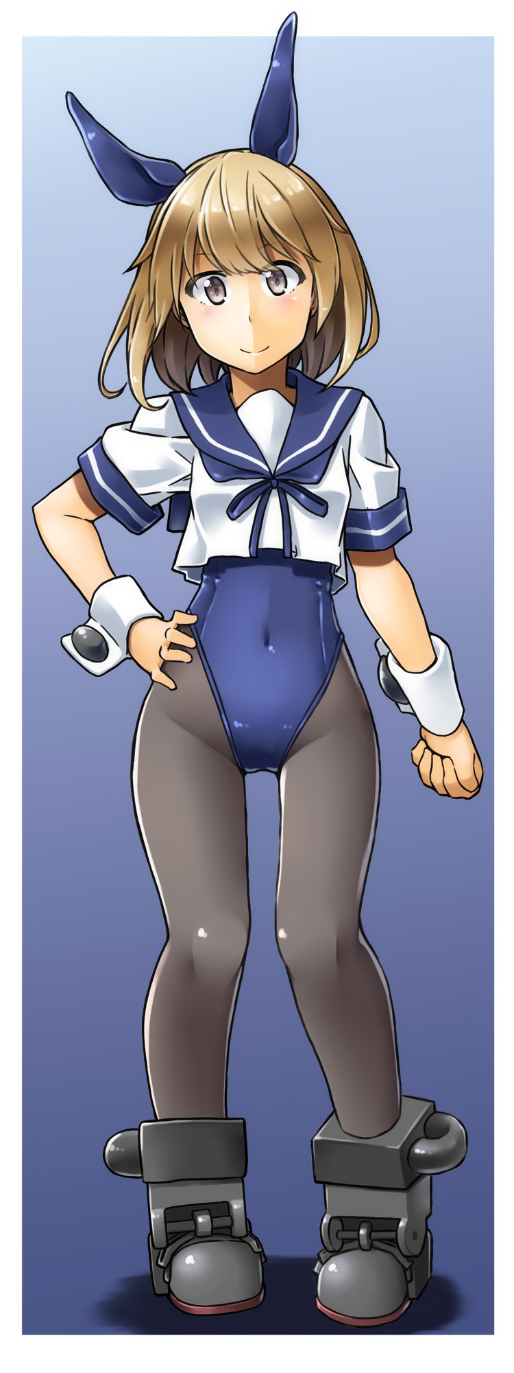 1girl adapted_costume alto-00 animal_ears black_legwear blue_leotard blue_neckwear blue_sailor_collar boots breasts brown_eyes brown_hair bunny_girl bunnysuit covered_navel eyebrows_visible_through_hair fake_animal_ears full_body hair_between_eyes hand_on_hip highres kantai_collection leotard leotard_under_clothes long_hair looking_at_viewer neckerchief oboro_(kantai_collection) pantyhose rabbit_ears rubber_boots sailor_collar school_uniform serafuku shirt shoes short_hair short_sleeves small_breasts smile solo standing white_shirt wrist_cuffs