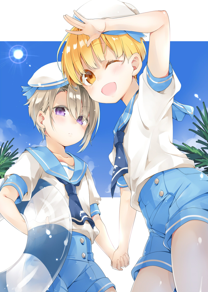 2boys blonde_hair blue_sky blush brown_eyes clouds day hand_holding hat innertube lens_flare light_brown_hair looking_at_viewer male_focus multiple_boys nemui_lazurite original outdoors sailor sailor_collar sailor_hat shorts sky sun sunlight violet_eyes