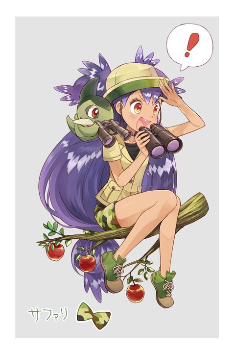 apple axew binoculars creatures_(company) dark_skin food fruit game_freak gen_5_pokemon iris_(pokemon) nintendo pokemon pokemon_(anime) pokemon_bw_(anime) purple_hair safari_jacket sasairebun tree_branch