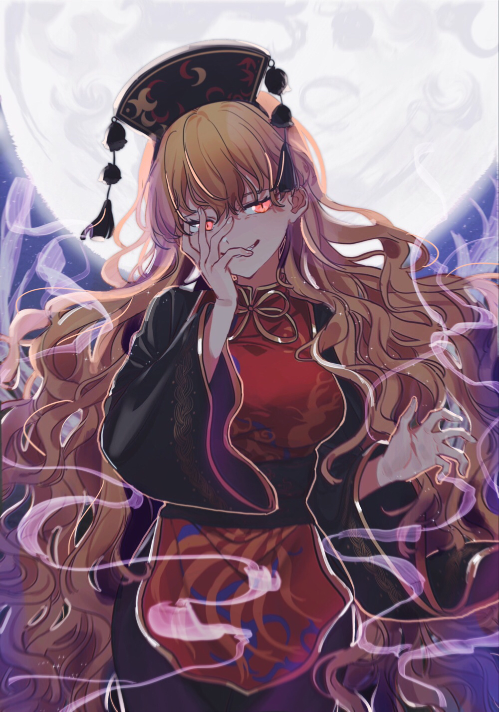 1girl arin_(fanfan013) breasts brown_hair chinese_clothes energy evil_grin evil_smile full_moon glowing glowing_eyes grin hand_on_own_cheek hat headdress highres junko_(touhou) long_hair moon red_eyes slit_pupils smile solo tabard tassel touhou wide_sleeves