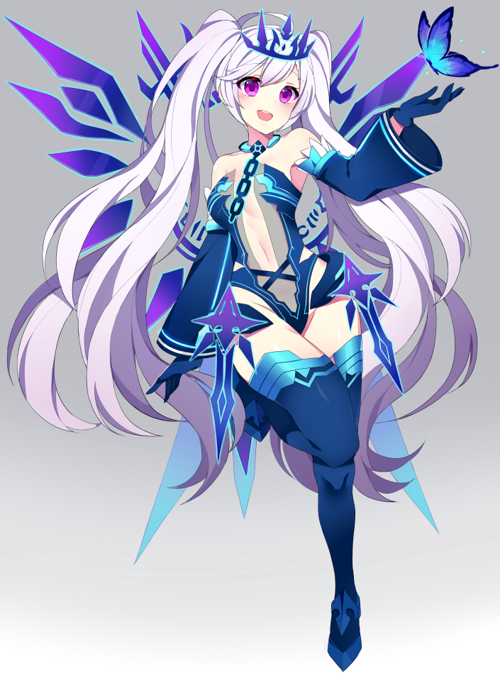 aisha_(elsword) bare_shoulders bug butterfly chains crown detached_sleeves elsword gloves insect long_hair smile twintails violet_eyes wings ygjkoon