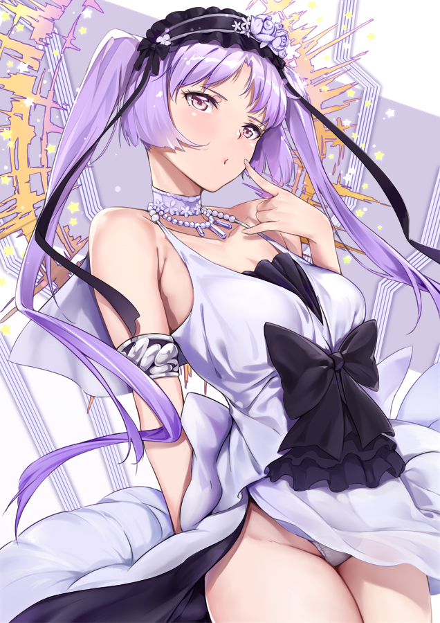 1girl armlet bangs bare_shoulders blush breasts choker collarbone dress euryale eyebrows_visible_through_hair fate/grand_order fate_(series) groin hairband headdress jewelry lolita_hairband long_hair looking_at_viewer necklace panties purple_hair pursed_lips sidelocks solo twintails underwear very_long_hair violet_eyes white_dress white_panties yamaishi_(mukoubuti)