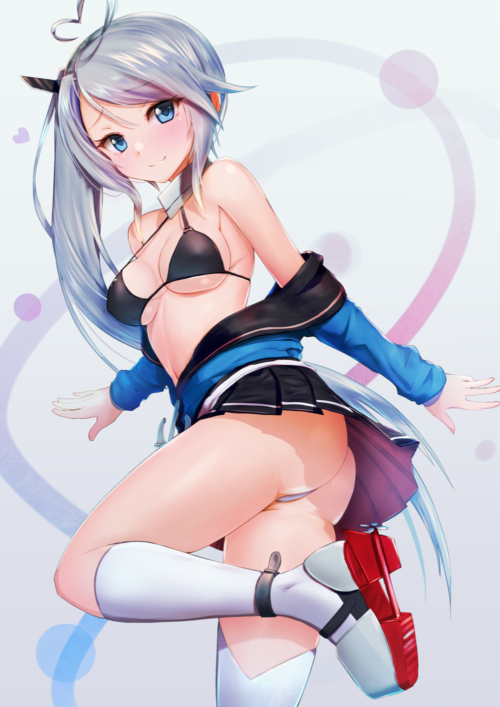 1girl :3 ahoge anchor ass azur_lane bare_shoulders black_bikini_top black_skirt blue_eyes blue_jacket blush breasts breasts_apart closed_mouth commentary_request hair_ornament halterneck heart heart_ahoge highres jacket kneehighs leg_up long_hair long_sleeves looking_at_viewer medium_breasts miniskirt navel off_shoulder panties pleated_skirt portland_(azur_lane) remodel_(azur_lane) rudder_footwear side_ponytail sidelocks silver_hair skirt smile solo standing standing_on_one_leg stomach underwear very_long_hair west_(vaem5527) white_legwear white_panties