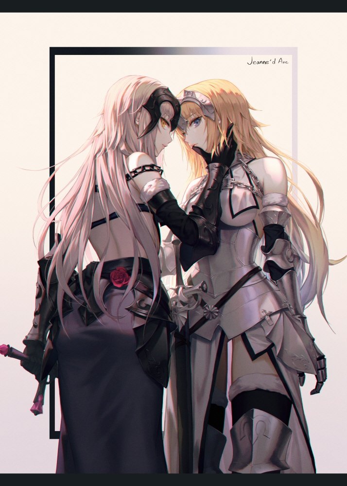 2girls ahoge arm_behind_back armor armored_dress ass bangs bare_shoulders blonde_hair breasts chains character_name dress fate/grand_order fate_(series) gauntlets hand_on_another's_face headpiece hiera12 holding holding_sword holding_weapon jeanne_d'arc_(alter)_(fate) jeanne_d'arc_(fate) jeanne_d'arc_(fate)_(all) large_breasts letterboxed long_hair looking_at_viewer medium_breasts multiple_girls silver_hair sword thigh-highs tsurime weapon yellow_eyes