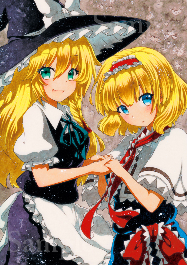 2girls alice_margatroid apron black_dress blonde_hair blue_dress blue_eyes blush braid capelet dress frills green_eyes hairband hand_holding hat kirisame_marisa long_hair looking_at_viewer medium_hair multiple_girls open_mouth puffy_sleeves qqqrinkappp ribbon sash short_sleeves smile touhou traditional_media waist_apron watermark witch_hat