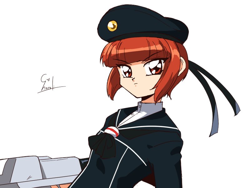 1girl 90s adapted_turret black_neckwear blue_dress blue_hat blue_sailor_collar brown_eyes brown_hair choroli_(chorolin) clothes_writing dress hat kantai_collection looking_at_viewer neckerchief parody ribbon sailor_collar sailor_dress sailor_hat short_hair signature simple_background solo style_parody turret upper_body white_background z3_max_schultz_(kantai_collection)