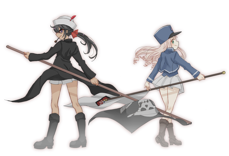 arms_behind_back bangs bc_freedom_(emblem) bc_freedom_military_uniform black_coat black_eyes black_footwear black_hair blonde_hair blue_hat blue_jacket boots bow closed_mouth commentary dark_skin dixie_cup_hat drill_hair emblem fading flag from_behind girls_und_panzer green_eyes hair_bow hat hat_feather holding holding_flag jacket knee_boots kneepits kumasawa_(dkdkr) long_hair long_sleeves looking_at_viewer looking_back marie_(girls_und_panzer) military military_hat military_uniform miniskirt mouth_hold ogin_(girls_und_panzer) ooarai_naval_school_uniform pipe pleated_skirt red_bow sailor school_uniform shako_cap simple_background skirt skull_and_crossbones smirk standing uniform white_background white_hat white_skirt