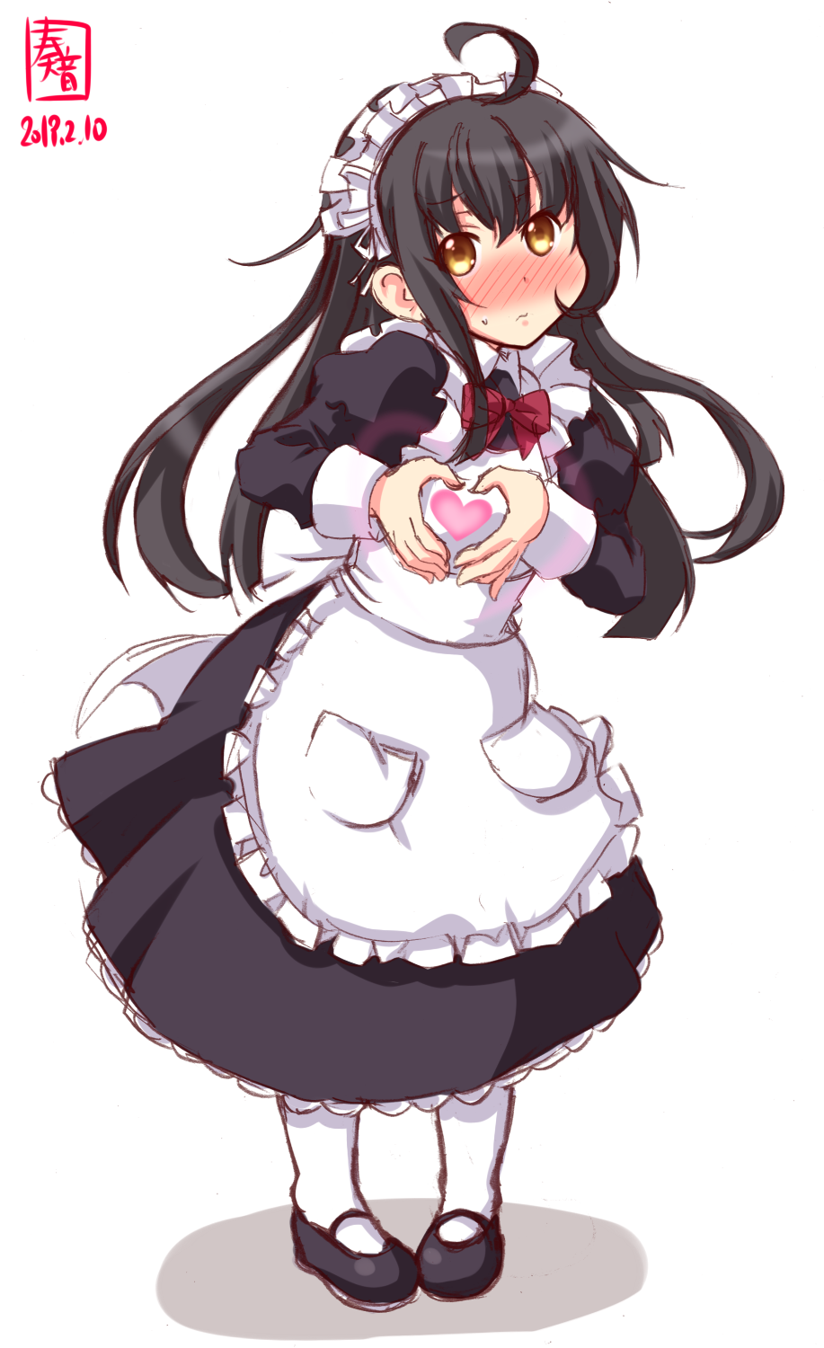 1girl alternate_costume antenna_hair apron artist_logo black_dress black_footwear black_hair blush closed_mouth cowboy_shot dated dress embarrassed enmaided eyebrows_visible_through_hair full_body hair_between_eyes heart heart_hands highres kanon_(kurogane_knights) kantai_collection long_hair long_sleeves looking_at_viewer maid maid_apron maid_headdress mikazuki_(kantai_collection) pantyhose pocket puffy_sleeves red_neckwear shoes signature simple_background solo standing white_apron white_background white_legwear
