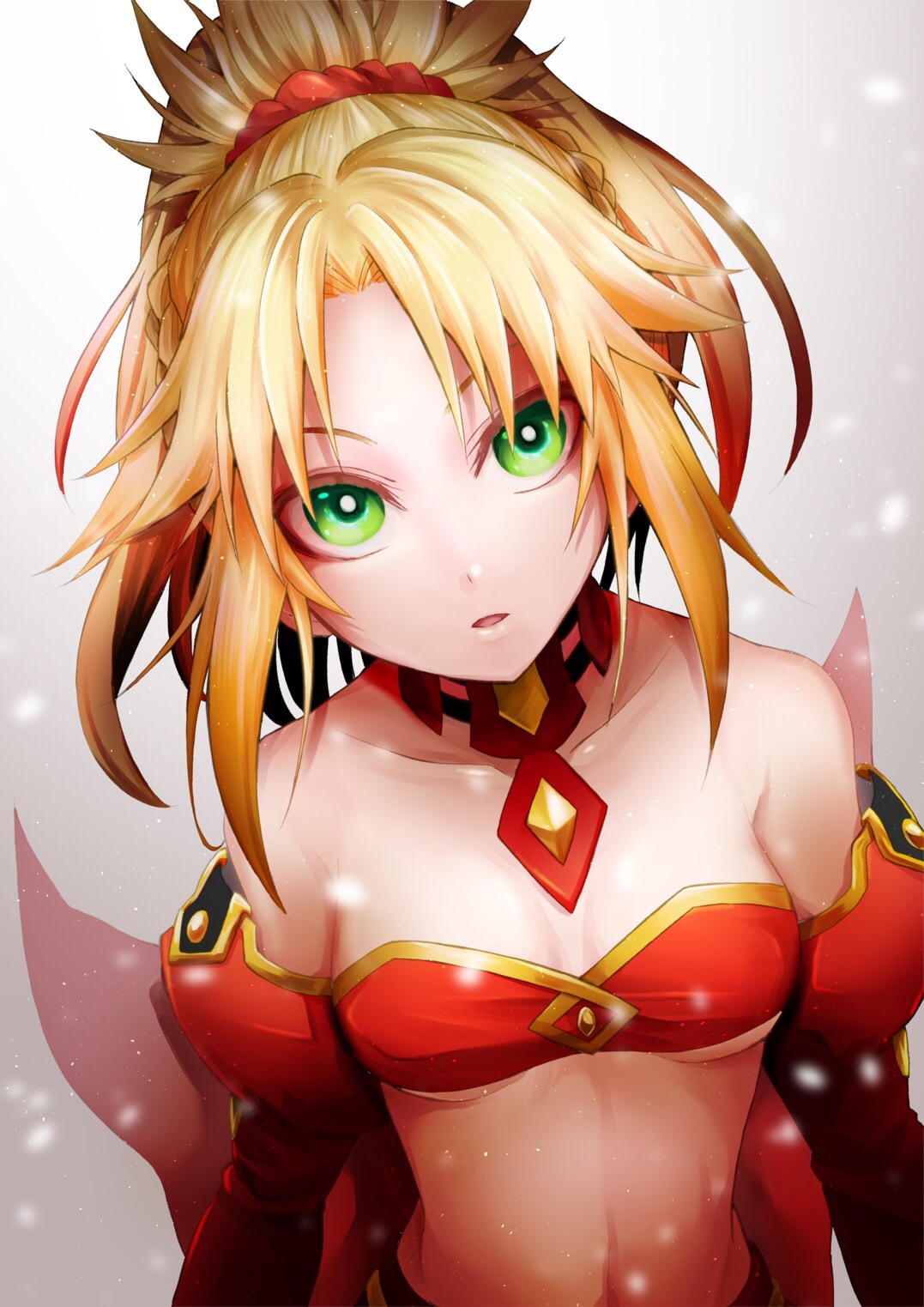 1girl a-saku bangs blonde_hair bra braid breasts collar collarbone commentary_request detached_collar detached_sleeves eyebrows_visible_through_hair fate/apocrypha fate/grand_order fate_(series) green_eyes hair_ornament highres long_sleeves looking_at_viewer mordred_(fate) mordred_(fate)_(all) parted_bangs parted_lips ponytail red_bra red_scrunchie red_sleeves scrunchie short_hair sleeveless small_breasts solo underwear upper_body