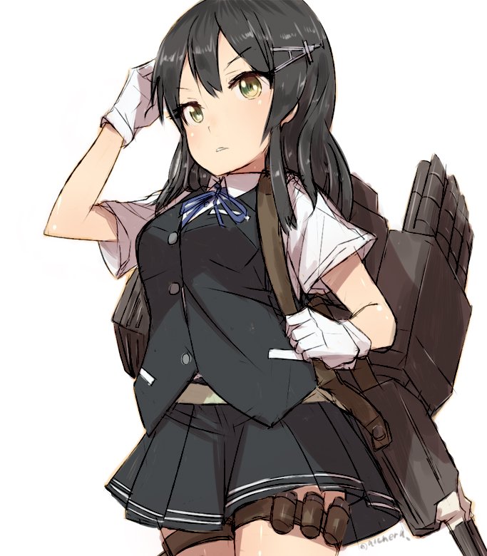 1girl alchera black_hair black_skirt black_vest blue_neckwear blue_ribbon brown_eyes commentary_request cowboy_shot gloves hair_ornament hairclip kantai_collection machinery neck_ribbon oyashio_(kantai_collection) pleated_skirt ribbon shirt short_sleeves simple_background skirt solo torpedo_launcher vest white_background white_gloves white_shirt