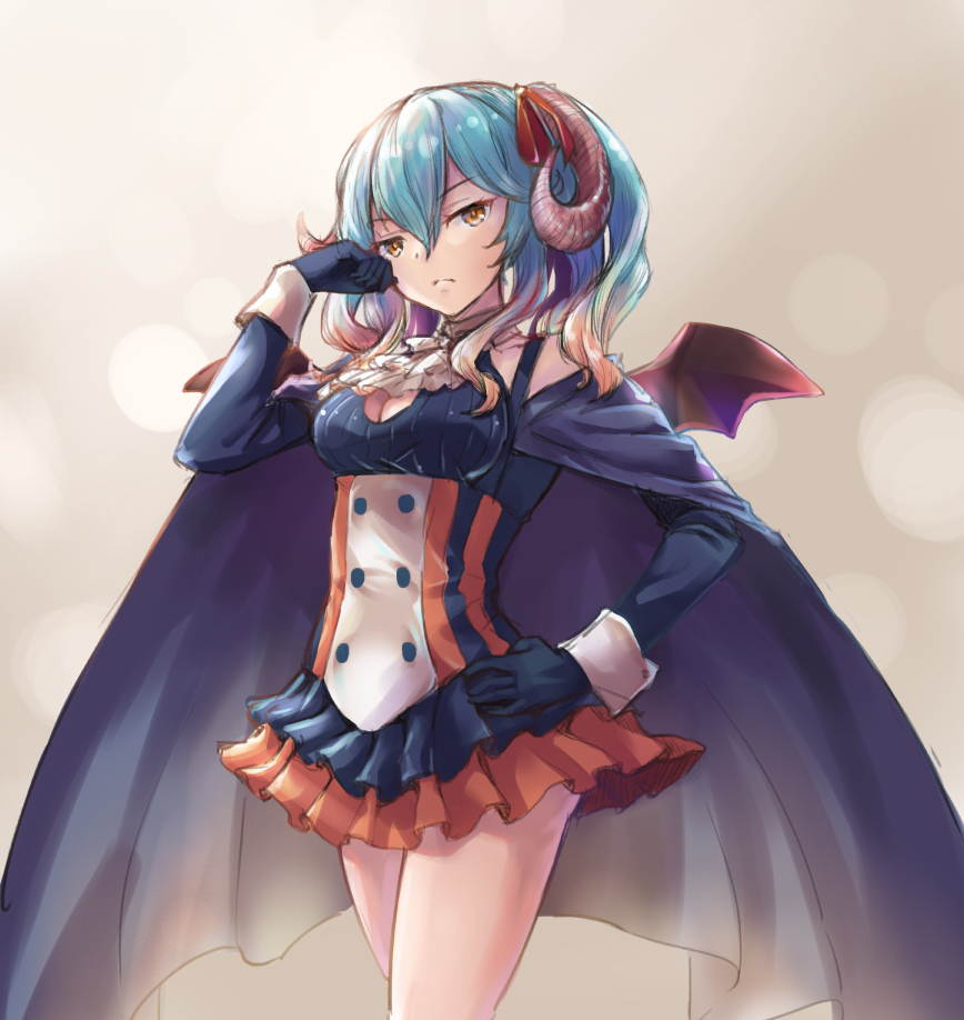 1girl aoyuki black_cape black_gloves black_skirt blue_hair breasts brown_eyes cape cleavage frown gloves gradient_hair hand_on_hip hand_up horns lapis_(sennen_sensou_aigis) looking_at_viewer medium_breasts multicolored_hair orange_skirt sennen_sensou_aigis short_hair simple_background skirt solo standing wings wrist_cuffs