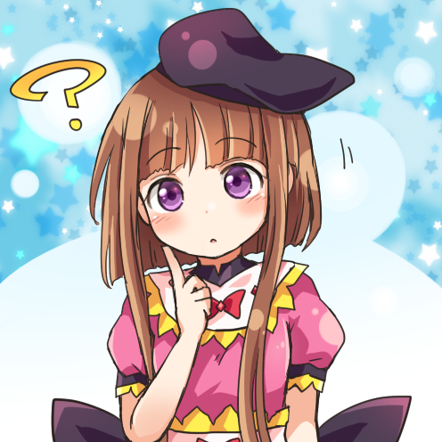 1girl ? blue_background blush bow bowtie brown_hair hat head_tilt looking_at_viewer lowres nishida_satono parted_lips pote_(ptkan) puffy_short_sleeves puffy_sleeves short_hair_with_long_locks short_sleeves solo star starry_background tate_eboshi touhou upper_body violet_eyes