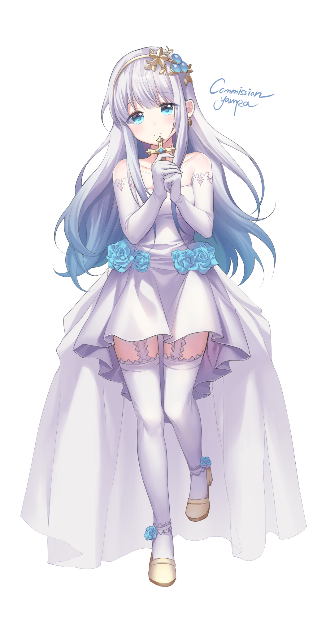 1girl alpha_(ypalpha79) bangs bare_shoulders blue_eyes blue_flower blue_hair blue_rose closed_mouth collarbone commission dress earrings elbow_gloves english_text eyebrows_visible_through_hair flower full_body garter_straps gloves gradient_hair hairband head_tilt highres holding jewelry latin_cross looking_at_viewer multicolored_hair off-shoulder_dress off_shoulder original purple_hair rose short_dress sidelocks signature solo standing standing_on_one_leg tareme thigh-highs white_dress white_gloves white_legwear yellow_footwear yellow_hairband