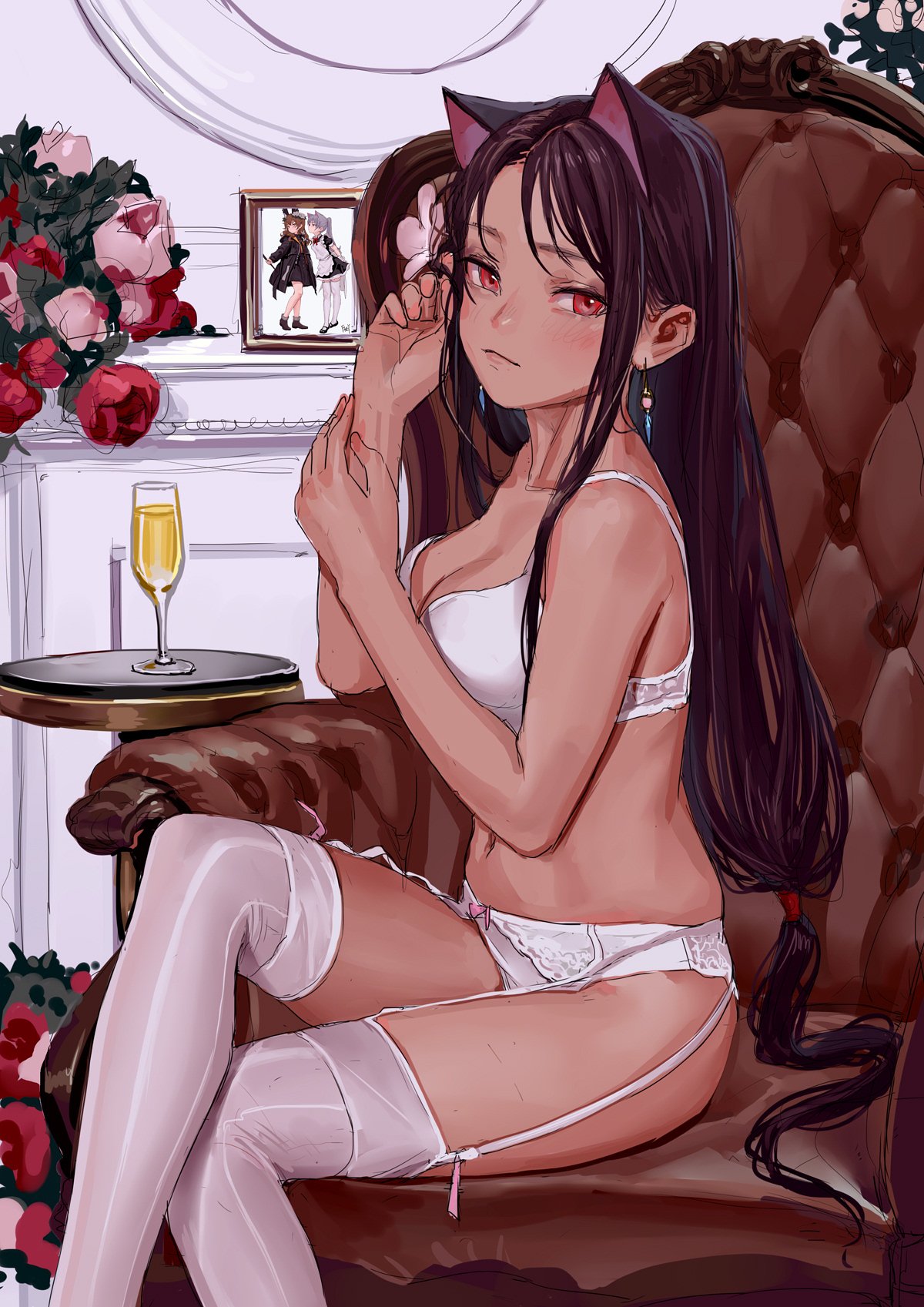 1girl animal_ears bangs bra breasts brown_hair cat_ears chair cleavage collarbone cup drinking_glass earrings feet_out_of_frame fkey flower garter_belt hands_up highres indoors jewelry long_hair looking_at_viewer low-tied_long_hair medium_breasts nail_polish navel original panties pink_nails red_eyes red_flower red_rose rose sitting solo stomach table thigh-highs thighs underwear underwear_only very_long_hair white_bra white_legwear white_panties wine_glass