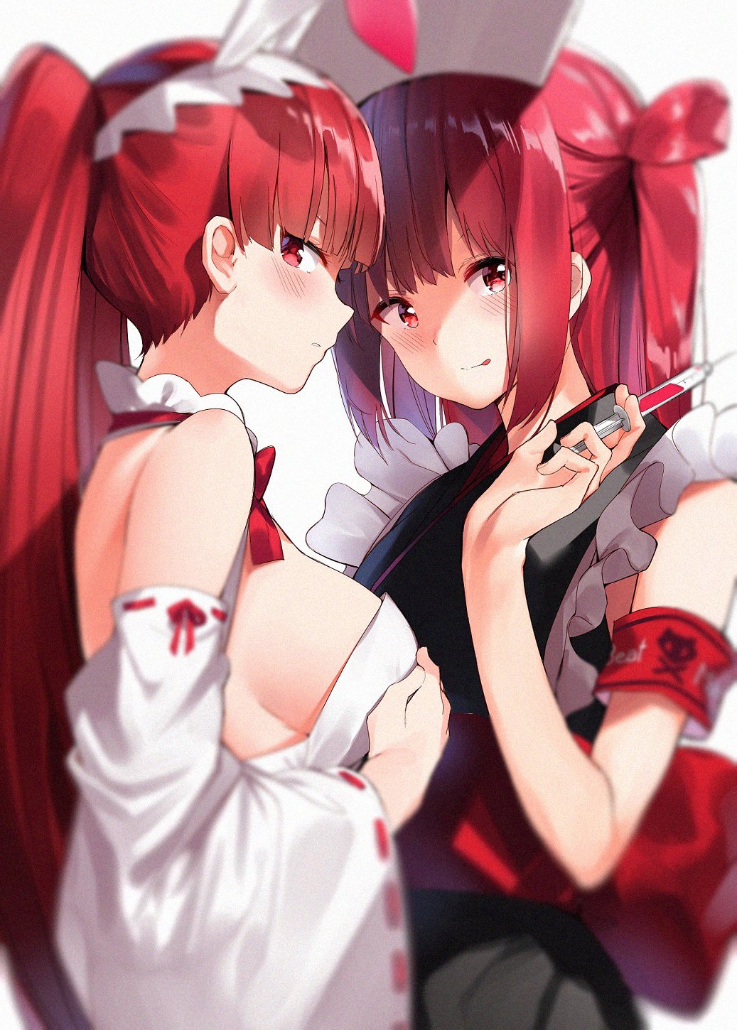2girls :q animal_ears armband bangs bare_shoulders beatmania beatmania_iidx blush breasts detached_sleeves fake_animal_ears frilled hair_ornament hairband hand_on_own_chest hat highres holding holding_syringe konoha_(sound_voltex) long_hair looking_at_viewer multiple_girls nontraditional_miko nurse_cap obi orihi_chihiro parted_lips rabbit_ears red_eyes redhead ribbon sash sidelocks sleeveless smile sound_voltex syringe tongue tongue_out twintails two_side_up umegiri_ameto upper_body very_long_hair