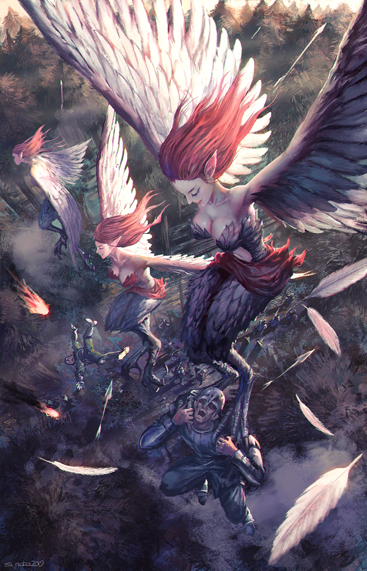 3girls 6+boys armor arrow carrying commentary_request fantasy feathered_wings feathers fire forest from_above harpy helmet long_hair monster_girl multiple_boys multiple_girls nature noba outdoors pixiv_fantasia pixiv_fantasia_last_saga redhead signature wings