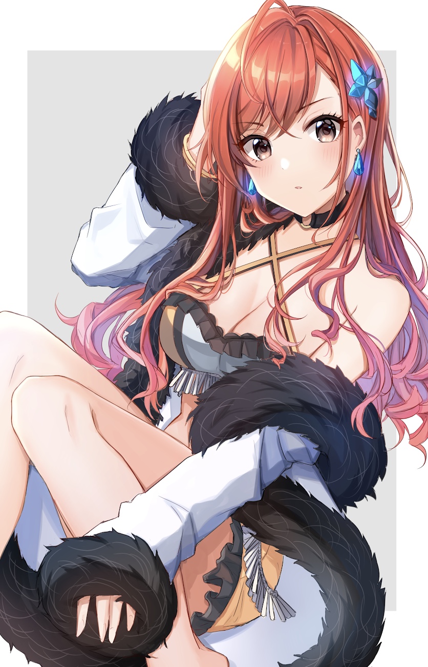 1girl ahoge arisugawa_natsuha bare_shoulders black_choker breasts brown_eyes choker cleavage criss-cross_halter crop_top earrings frilled_skirt frills fur_trim hair_ornament halterneck hand_up highres idolmaster idolmaster_shiny_colors jacket jewelry knees_up long_hair long_sleeves looking_at_viewer medium_breasts midriff miniskirt off_shoulder open_clothes open_jacket parted_lips redhead satoimo_chika skirt solo thighs v-shaped_eyebrows white_jacket yellow_skirt