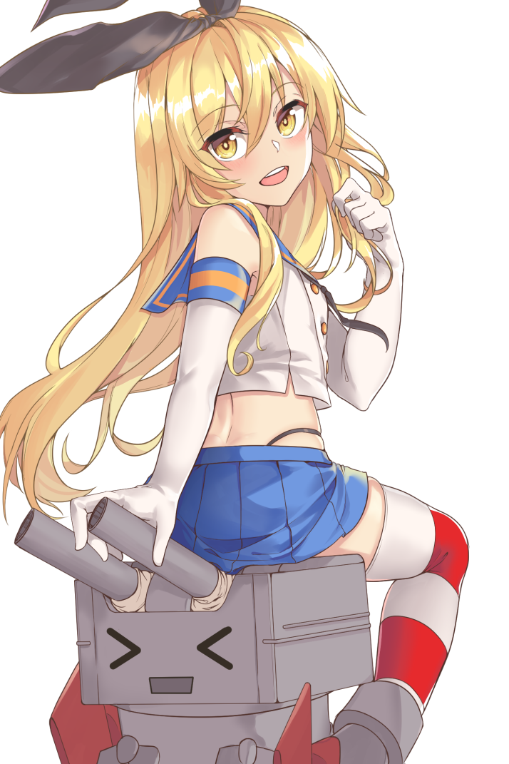 &gt;_&lt; 1girl black_panties blonde_hair blue_skirt crop_top elbow_gloves gloves hairband highleg highleg_panties kantai_collection long_hair microskirt miniskirt panties rensouhou-chan sailor_collar school_uniform serafuku shimakaze_(kantai_collection) skirt striped striped_legwear thigh-highs thong tiasis underwear white_gloves yellow_eyes