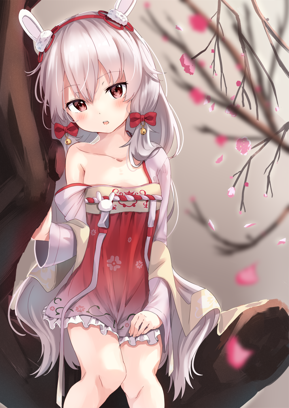 1girl animal_ears azur_lane bangs bare_shoulders blurry blurry_background blurry_foreground blush breasts collarbone commentary_request depth_of_field dress eyebrows_visible_through_hair frilled_dress frills hair_between_eyes hairband head_tilt highres in_tree laffey_(azur_lane) long_hair off_shoulder parted_lips petals rabbit_ears red_dress red_eyes red_hairband silver_hair sitting sitting_in_tree small_breasts solo strapless strapless_dress tree tsukiman very_long_hair