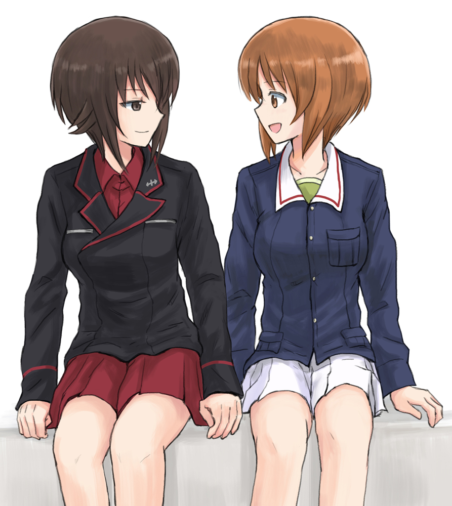 2girls arm_support bangs black_jacket blue_jacket brown_eyes brown_hair closed_mouth commentary_request dress_shirt emblem girls_und_panzer green_shirt hand_holding incest jacket kuromorimine_military_uniform long_sleeves looking_at_another military military_uniform miniskirt multiple_girls mutsu_(layergreen) nishizumi_maho nishizumi_miho ooarai_military_uniform open_mouth pleated_skirt red_shirt red_skirt shirt short_hair siblings side-by-side sisters sitting skirt smile uniform white_background white_skirt wing_collar yuri