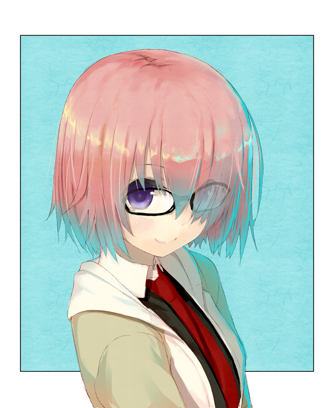 1girl aqua_background black-framed_eyewear commentary eyes_visible_through_hair fate/grand_order fate_(series) glasses hair_over_one_eye izumo_(user_cmcy2878) looking_at_viewer mash_kyrielight necktie pink_hair red_neckwear short_hair smile solo two-tone_background upper_body violet_eyes white_background