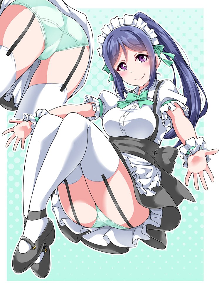 1girl ankle_strap apron ass black_footwear black_skirt blue_hair blush bow bowtie breasts collared_shirt commentary_request frilled_sleeves frills garter_straps green_background green_neckwear green_panties halftone halftone_background knees_up long_hair looking_at_viewer love_live! love_live!_sunshine!! maid mary_janes matsuura_kanan medium_breasts multiple_girls outline outstretched_arms panties ponytail shirt shoes short_sleeves sidelocks skirt smile spread_arms thigh-highs underbust underwear violet_eyes waist_apron white_apron white_legwear white_outline white_shirt wrist_cuffs yopparai_oni