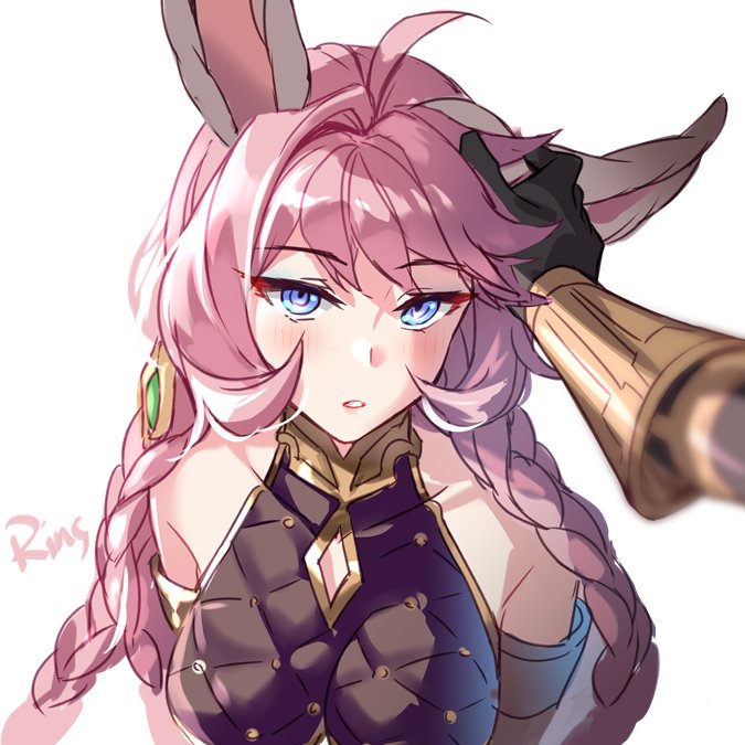 1boy 1girl :o ahoge aki663 animal_ears bangs bare_shoulders blue_eyes blush braid breasts erune esser eyebrows_visible_through_hair gauntlets gloves granblue_fantasy hair_ornament hand_on_another's_head long_hair looking_at_viewer out_of_frame parted_lips petting pink_hair pov pov_hands quatre_(granblue_fantasy) sleeveless very_long_hair