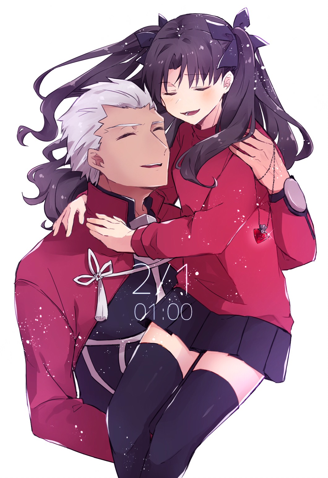 1boy 1girl archer bangs black_bow black_hair black_legwear black_skirt bow closed_eyes fate/stay_night fate_(series) grey_hair hair_bow highres jewelry linearmotor long_hair pantyhose parted_bangs pendant red_sweater simple_background skirt smile sweater thigh-highs tohsaka_rin two_side_up white_background zettai_ryouiki