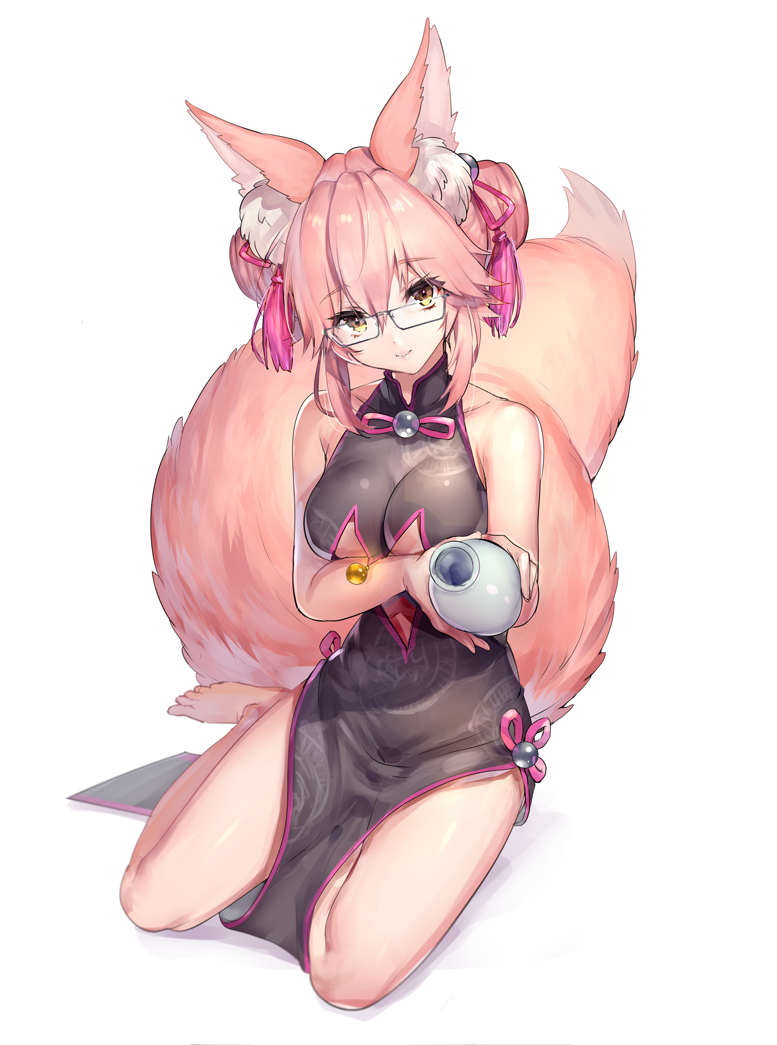 1girl animal_ear_fluff animal_ears bangs bare_arms bare_legs bare_shoulders barefoot black-framed_eyewear black_dress breasts china_dress chinese_clothes closed_mouth collarbone double_bun dress eyebrows_visible_through_hair fate/grand_order fate_(series) fox_ears fox_girl fox_tail full_body gem glasses hair_between_eyes hair_ribbon head_tilt holding koyanskaya looking_at_viewer medium_breasts mogullaz pink_hair pink_ribbon ribbon short_hair sidelocks sitting smile tail tassel under_boob underboob_cutout vase yellow_eyes yokozuwari