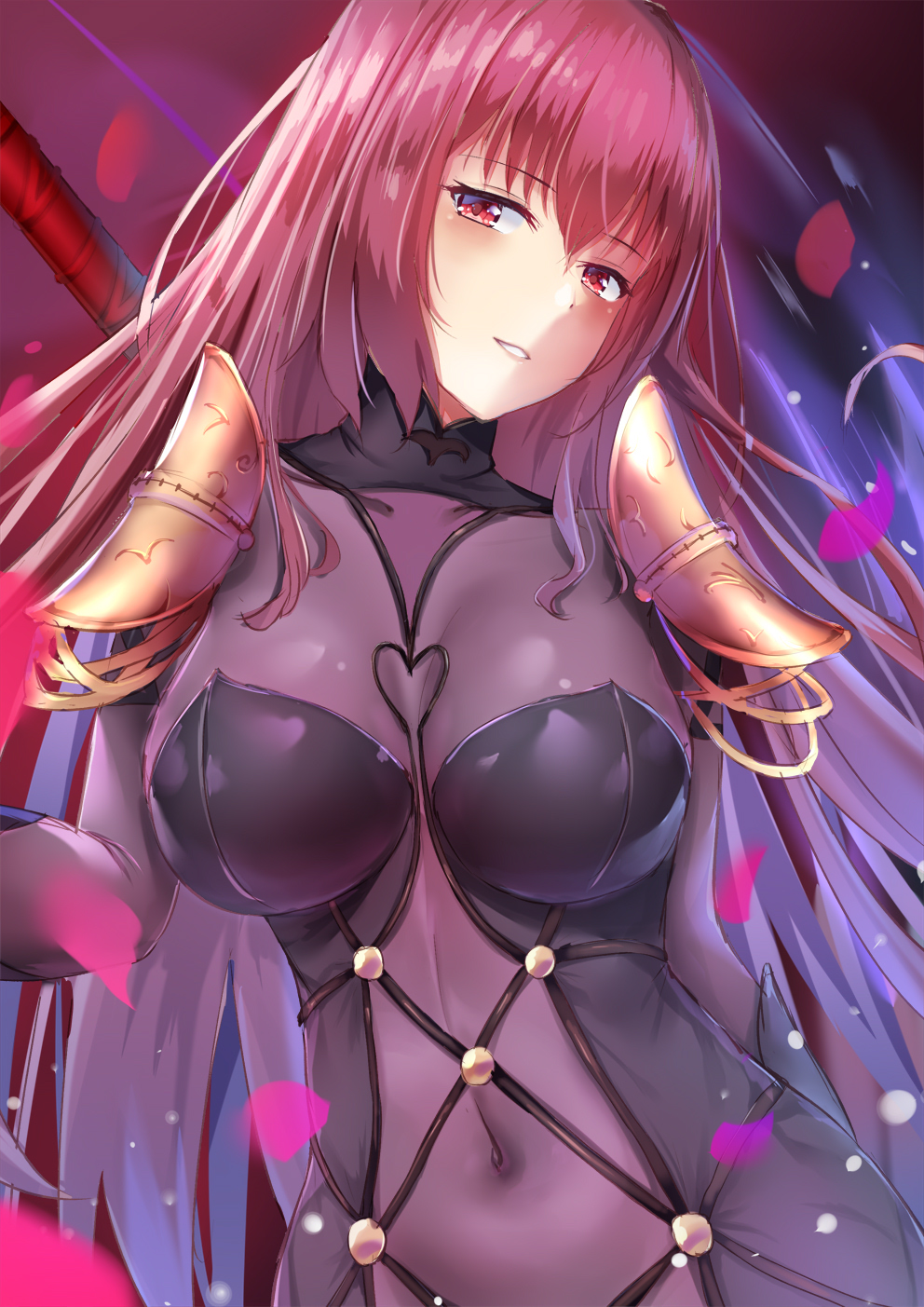 1girl bangs blush bodysuit breasts covered_navel eric_(pixiv9123557) eyebrows_visible_through_hair fate/grand_order fate_(series) gae_bolg hair_between_eyes head_tilt highres holding lancer large_breasts long_hair looking_at_viewer parted_lips pauldrons petals polearm purple_bodysuit purple_hair red_eyes scathach_(fate)_(all) scathach_(fate/grand_order) sidelocks smile solo spear very_long_hair weapon