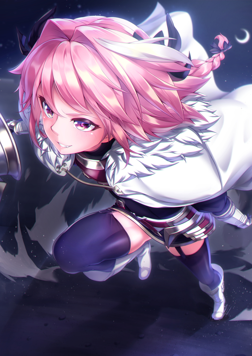 1boy astolfo_(fate) bangs black_bow black_legwear black_ribbon black_skirt boots bow braid cloak commentary_request crescent_moon fang fate/apocrypha fate_(series) faulds foreshortening from_above fur-trimmed_cloak fur_collar fur_trim garter_straps gauntlets hair_intakes hair_ribbon holding holding_weapon knee_boots lance leg_up long_hair long_sleeves looking_away male_focus moon multicolored_hair otoko_no_ko pink_hair polearm ribbon running shiny shiny_hair single_braid skirt solo streaked_hair takatun223 thigh-highs violet_eyes weapon white_cloak white_footwear white_hair