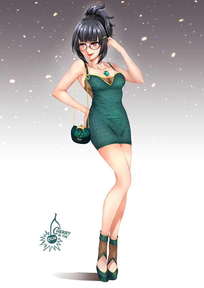 1girl artist_name bag black_hair blush breasts cherry_in_the_sun closed_mouth commission dress glasses green_footwear hair_ornament hairclip handbag high_school_dxd jewelry lipstick makeup medium_breasts nail_polish pendant red_eyes red_lipstick red_nails short_ponytail solo sona_sitri