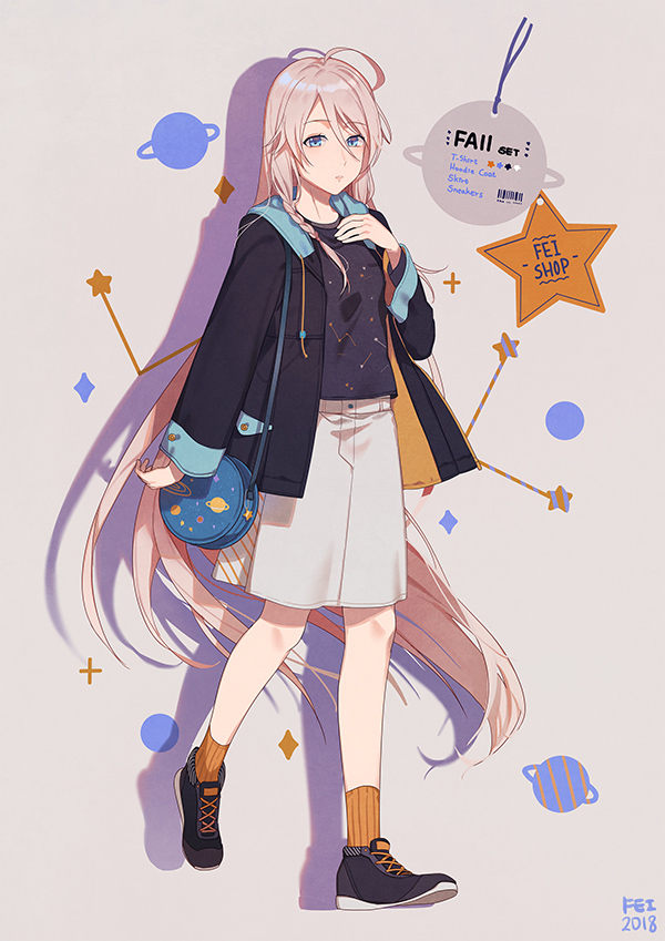 1girl 2018 arm_at_side artist_name bag black_shirt blue_eyes braid constellation constellation_print dated expressionless eyebrows_visible_through_hair fen_renlei full_body grey_background grey_skirt hair_between_eyes hand_on_own_chest ia_(vocaloid) jacket long_hair looking_at_viewer orange_legwear pink_hair planet shadow shirt shoes simple_background skirt sneakers solo sparkle_background star starry_background striped striped_legwear tag vertical-striped_legwear vertical_stripes very_long_hair vocaloid walking