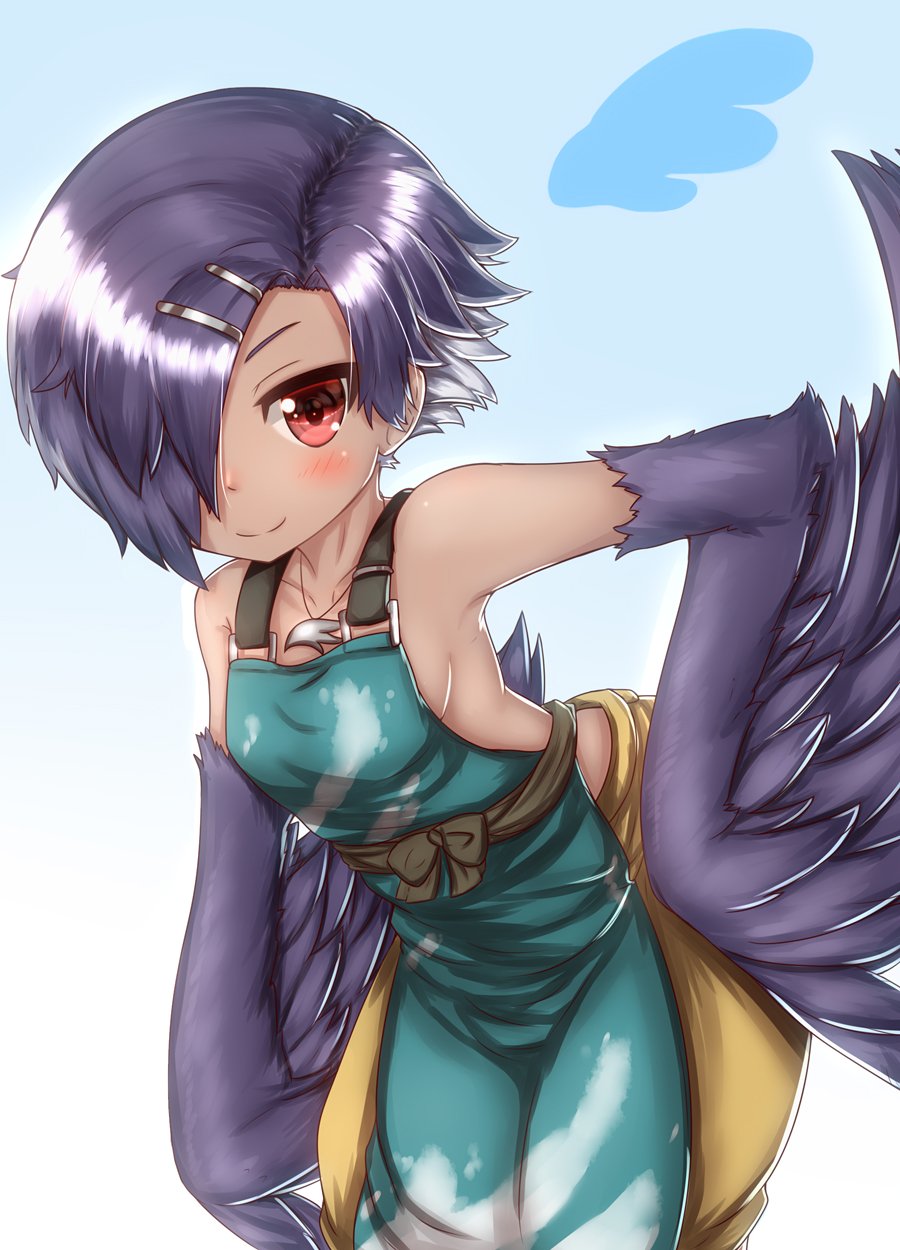 1girl apron bare_shoulders blue_background breasts collarbone commentary_request contrapposto dark_skin gradient gradient_background hair_ornament hair_over_one_eye hairclip hand_on_hip harpy highres horokusa_(korai) jewelry leaning_forward looking_at_viewer monster_girl original pants pendant puffy_pants purple_hair red_eyes sash shiny shiny_hair short_hair sideboob simple_background small_breasts smile solo winged_arms
