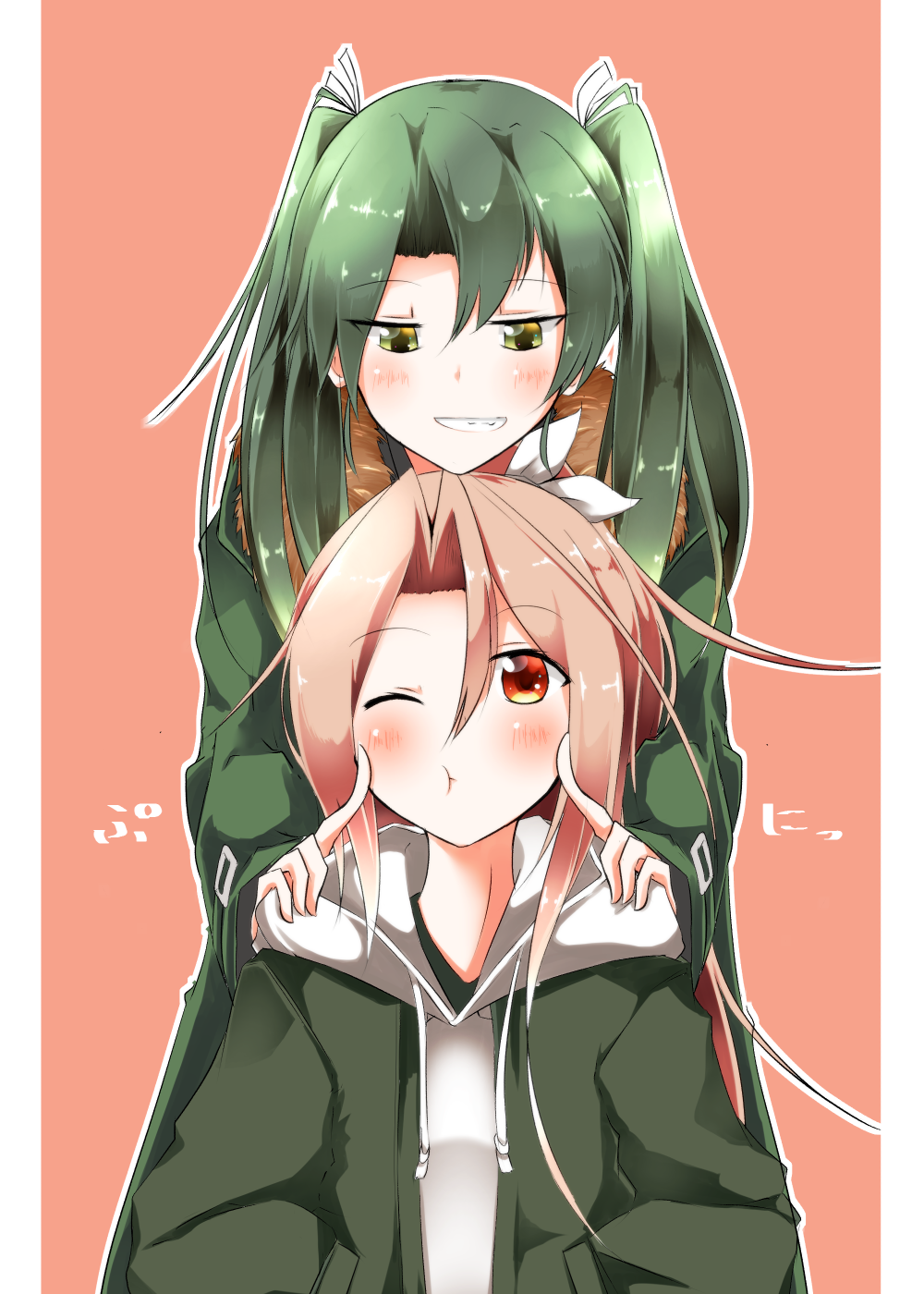 2girls cheek_poking green_hair hair_ribbon high_ponytail highres jacket kantai_collection long_hair multiple_girls pia_(botamochinjufu) pink_background pink_hair poking ponytail red_eyes ribbon smirk twintails zuihou_(kantai_collection) zuikaku_(kantai_collection)