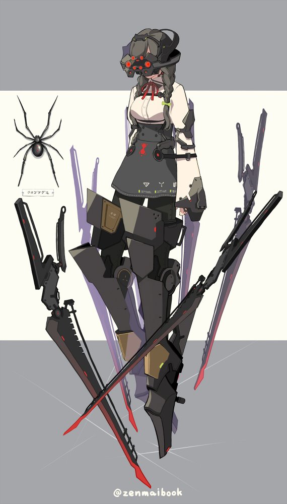 1girl animal beige_background black_skirt bow braid brown_hair bug floating floating_weapon green_bow grey_background headgear long_sleeves medium_hair original red_bow red_neckwear signature skirt spider standing sword twitter_username two-tone_background weapon zenmaibook