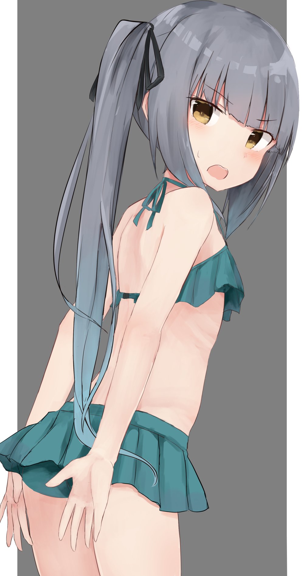 1girl aqua_bikini arms_behind_back bangs bikini bikini_skirt blunt_bangs blush covering covering_ass eyebrows_visible_through_hair from_behind gradient_hair grey_background grey_hair hair_ribbon halterneck highres kantai_collection kasumi_(kantai_collection) long_hair looking_at_viewer multicolored_hair open_mouth ponytail ribbon side_ponytail solo sweat swimsuit yellow_eyes yuki_(yukin0128)