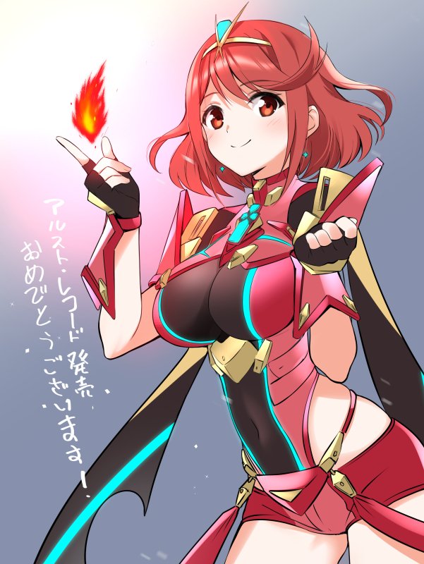 1girl bangs breasts covered_navel earrings fingerless_gloves fire gloves headpiece pyra_(xenoblade) jewelry large_breasts niameresp nintendo red_eyes red_shorts redhead short_hair shorts shoulder_armor simple_background solo swept_bangs tiara xenoblade_(series) xenoblade_2