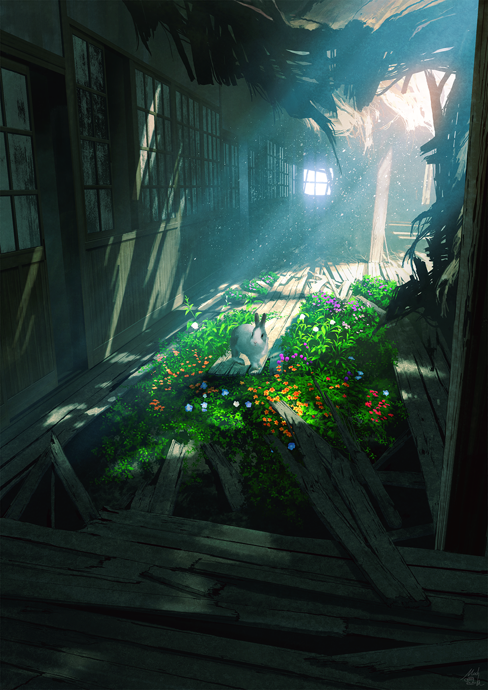 animal blue_flower commentary_request dappled_sunlight day flower highres light_particles light_rays mocha_(cotton) no_humans orange_flower original plant purple_flower rabbit ruins scenery signature sunbeam sunlight white_flower window