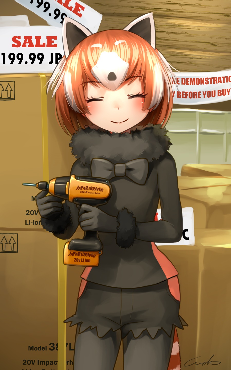 1girl ^_^ animal_ears banner black_gloves black_legwear black_neckwear black_shirt black_shorts bow bowtie box cardboard_box closed_eyes closed_eyes commentary_request english_text extra_ears eyebrows_visible_through_hair facing_viewer fur-trimmed_sleeves fur_collar fur_trim gloves highres holding kemono_friends legwear_under_shorts lesser_panda_(kemono_friends) long_sleeves multicolored_hair orange_hair panda_ears panda_tail pantyhose price_tag screwdriver shirt short_hair short_shorts shorts signature smile solo streaked_hair two-tone_hair welt_(kinsei_koutenkyoku) white_hair